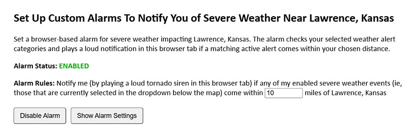 Severe weather alarm example, configured to play a siren sound if severe weather threats come within 10 miles of a specific location.