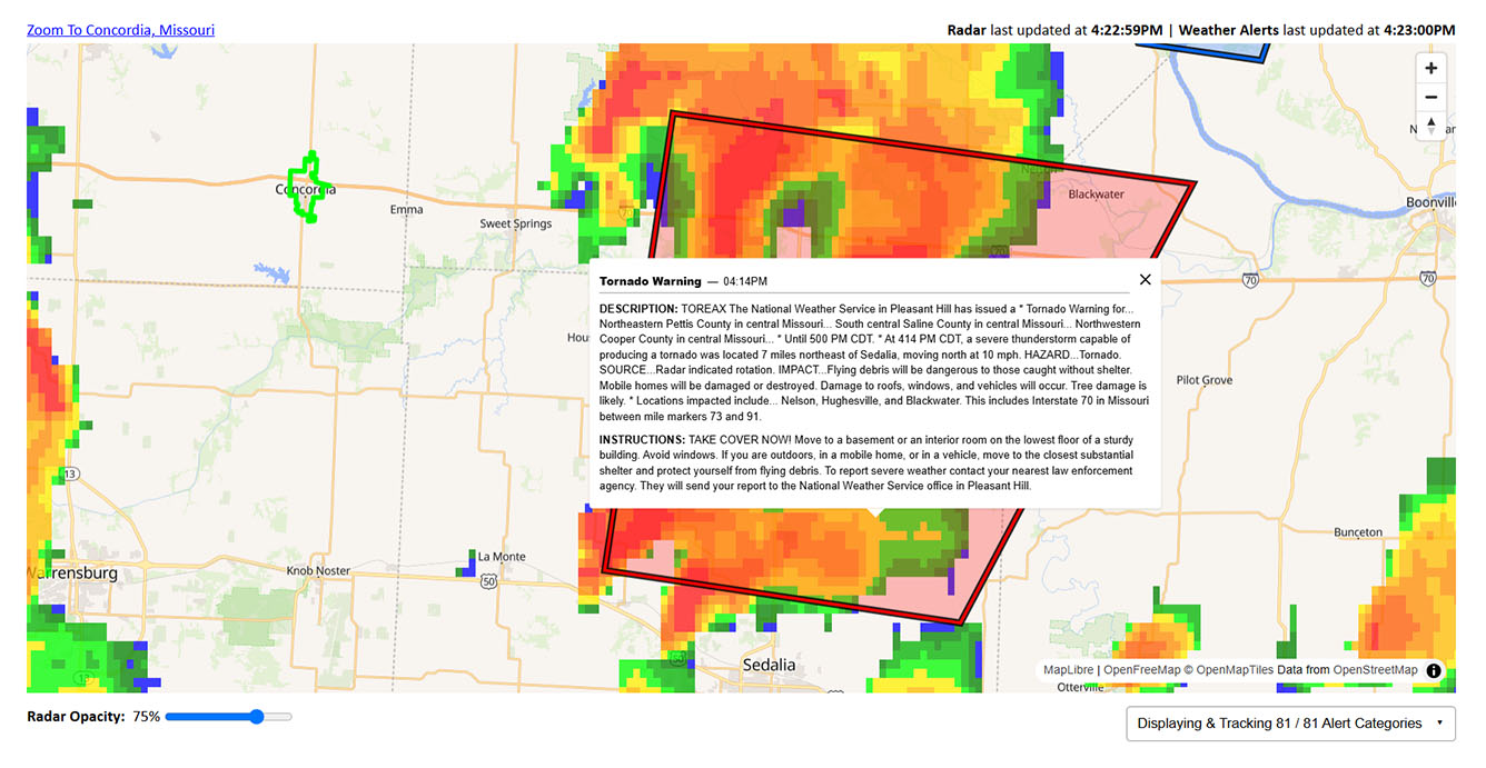 Interactive map showing a Tornado Warning near a specific, tracked location.