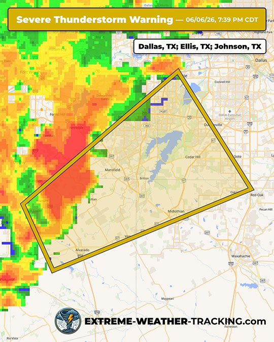 Severe Thunderstorm Warning displayed on interactive map example